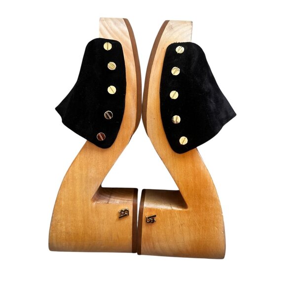 Veronica Beard Hannalee Suede Clogs Women 8 Black Wood Block Heel Platform Retro - Picture 6 of 14